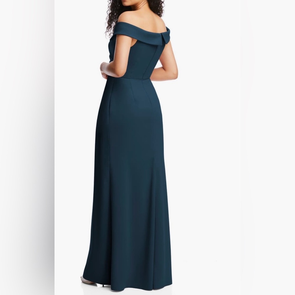 After Six - Deep Teal Atlantic Blue Off the Shoulder Crepe Gown Maxi Dress - Picture 5 of 15